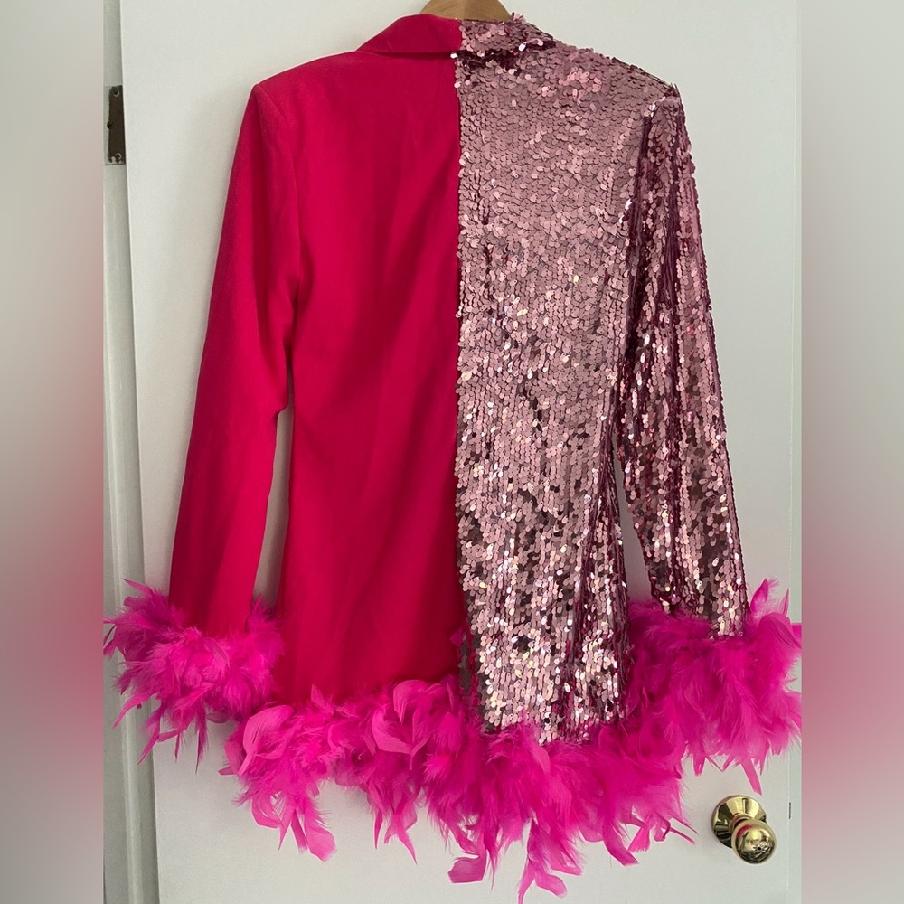 Blazer Vibrant Pink Sequin Blazer with Feather Trim - Picture 8 of 10